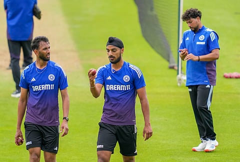 Prasidh Krishna, Arshdeep Singh and Kuldeep Yadav during practice in London on Wednesday