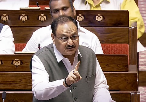 Union Health Minister J.P. Nadda speaks during a debate in the Rajya Sabha on the Pahalgam terror attack and Operation Sindoor.