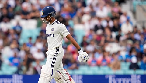 India's batter Yashasvi Jaiswal returns to the pavilion after getting dismissed by England's Gus Atkinson during the first day of the fifth Test.