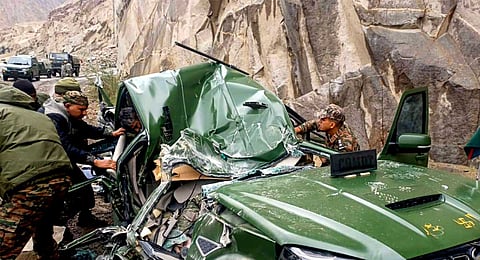 Rescue work underway after a boulder fell on an army vehicle in a remote area in eastern Ladakh, Wednesday, July 30, 2025. 