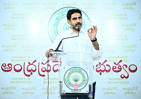 Minister for IT Nara Lokesh addressing the media on Thursday. 
