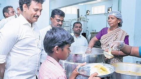 Minister Anbil Mahesh Poyyamozhi at the school on Friday 