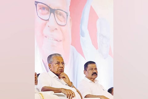 Kerala Chief Minister Pinarayi Vijayan and CPM general secretary MV Govindan at the memorial gathering for former Chief Minister V.S. Achuthanandan at Nishagandhi auditorium in Thiruvananthapuram on Friday. 