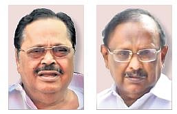 Water Resources Minister Duraimurugan (L), former law minister S Regupathy