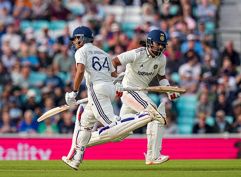  India's Yashasvi Jaiswal and KL Rahul run between the wickets during the second day of the fifth Test cricket match between India and England, at The Oval, in London, Friday, Aug. 1, 2025. 