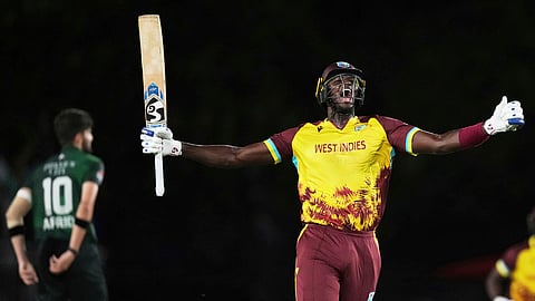 West Indies' Jason Holder reacts after hitting a four to win the second Twenty20 cricket match against Pakistan, Saturday, Aug. 2, 2025, in Lauderhill, Fla. 