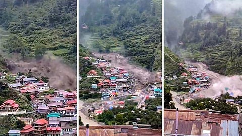 Screenshots showing flood water gushing down the slopes and washing away buildings at Dharali, located 8,600 feet above sea level in Uttarakhand, on August 5, 2025 