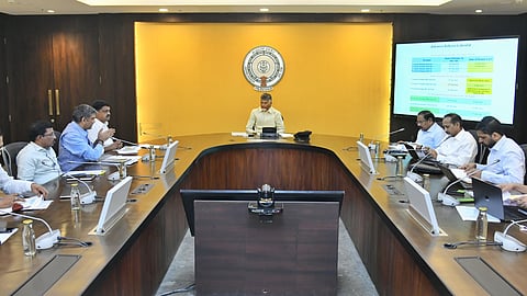 CM Nara Chandrababu Naidu during review meeting on GSDP at Secretariat in Velagapudi on Monday. 