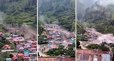 Houses being swept away in a flash flood triggered by a cloudburst at Dharali, in Uttarkashi district, Uttarakhand, Tuesday, Aug. 5, 2025. 