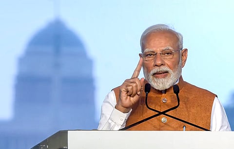 Prime Minister Narendra Modi addresses a gathering during a public programme at Kartavya Path, in New Delhi on on Aug. 6, 2025.
