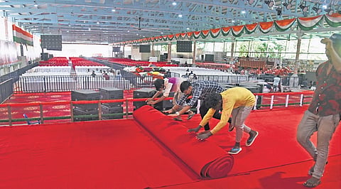 Preparations underway for Friday’s Congress ‘vote theft’ protest at Freedom Park in  Bengaluru on Thursday 