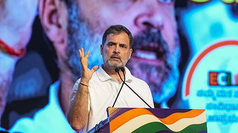 Congress leader and LoP in Lok Sabha Rahul Gandhi addresses the party's 'Vote Adhikar Rally', in Bengaluru, Friday, Aug. 8, 2025.