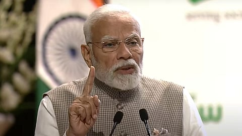 Prime Minister Narendra Modi speaks during the M.S. Swaminathan Centenary International Conference, in New Delhi, Thursday, Aug. 7, 2025. (