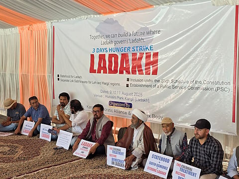 Representatives of KDA and LAB go on hunger strike at Hussani Park in Ladakh on Saturday, Aug. 9, 2025.