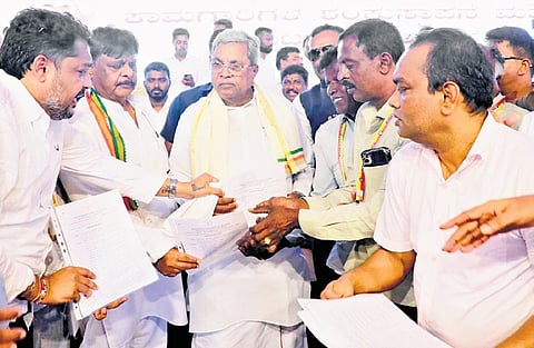 Chief Minister Siddaramaiah at a programme in his constituency Varuna, Mysuru district, on Saturday 