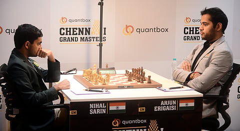 Nihal Sarin (L) beat Arjun Erigaisi during their Round-4 match of the ongoing  Chennai Grand Masters on Sunday 