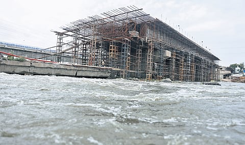 The Moosarambagh bridge remains closed to the public due to the rising water level of Musi river in Hyderabad on Tuesday 