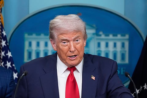 President Donald Trump speaks with reporters in the James Brady Press Briefing Room at the White House, Monday, Aug. 11, 2025, in Washington. 