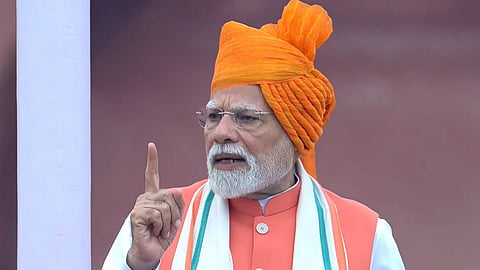 Prime Minister Narendra Modi addresses the nation from the Red Fort on the occasion of the 79th Independence Day, in New Delhi, Friday, Aug. 15, 2025.