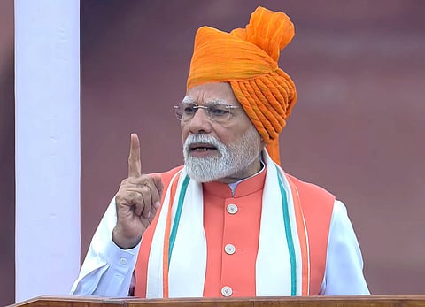 Prime Minister Narendra Modi addresses the nation from the Red Fort on the occasion of the 79th Independence Day, in New Delhi, Friday, Aug. 15, 2025