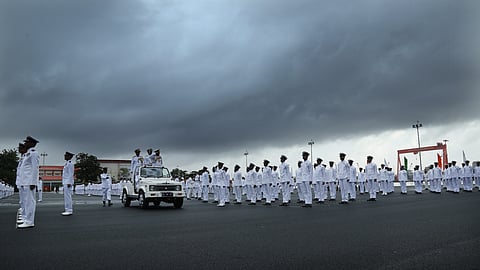 Vice Admiral V Srinivas, the flag officer commanding-in-chief of the Southern Naval Command, inspecting the guard 