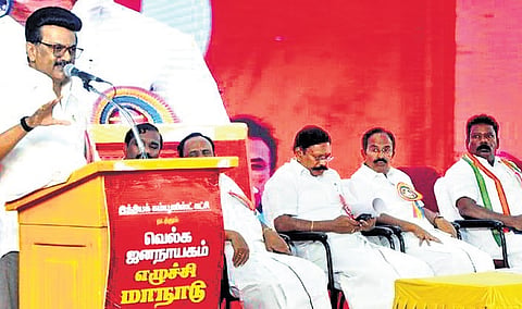 Chief Minister M K Stalin addressing the 26th state conference of the Communist Party of India in Salem on Saturday.