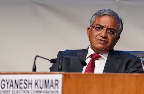 Election Commissioner Gyanesh Kumar during a press conference, in New Delhi, Sunday, Aug. 17, 2025. 