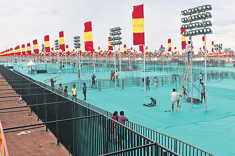 Final arrangements being carried out at the venue at Koodakovil in Madurai where TVK will hold its second state conference on August 21.