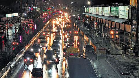 Vehicles queued up on GST Road at Chromepet on Sunday night.