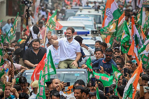  In this image released by @INCIndia via X on Aug. 18, 2025, LoP in the Lok Sabha and Congress leader Rahul Gandhi, LoP in Bihar Assembly and RJD leader Tejashwi Yadav, party state president Rajesh Kumar during 'Voter Adhikar Yatra'.