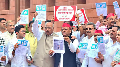 INDIA bloc leaders during a protest against the Special Intensive Revision (SIR) of electoral rols in Bihar. 