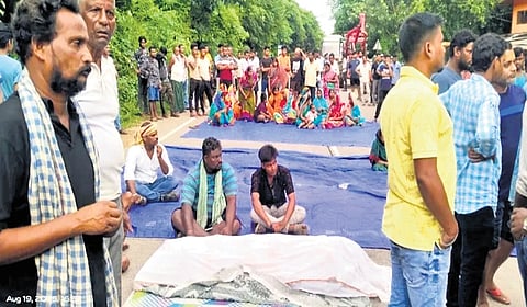 Villagers blocking the state highway at Balrampur on Tuesday 