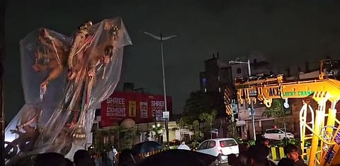 The 22-foot Ganesh idol being transported on Monday night, August 18, 2025.