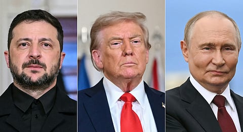 This combination of pictures shows US President Donald Trump (C) and Ukrainian President Volodymyr Zelensky (L) and Russian President Vladimir Putin (R).