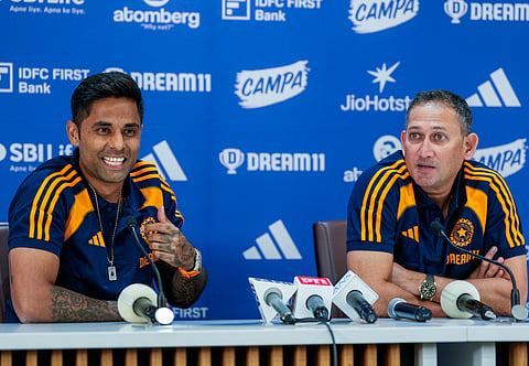 BCCI selection committee chairman Ajit Agarkar with Indian men's T20I captain Suryakumar Yadav during a press conference to announce the Indian squad for the 2025 Asia Cup, at the BCCI headquarters in Mumbai, on Tuesday