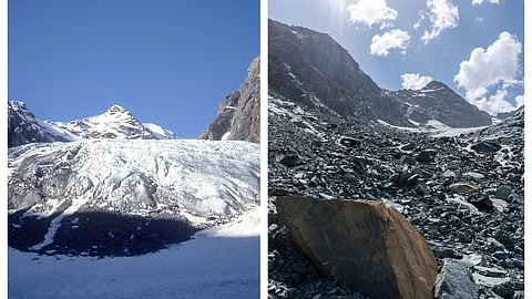 An overview of the Ventina glacier, near Sondrio, northern Italy,1985 (L)  and 2025 (R).