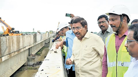 MA&UD Minister P Narayana inspects the areas that caused disruption to the flow of water in Amaravati