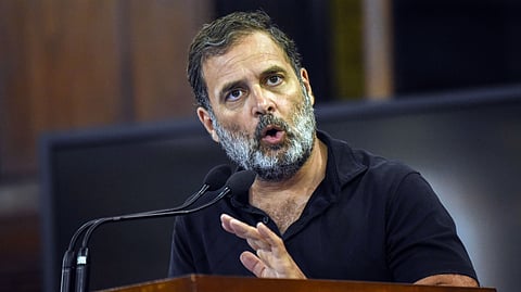 Lok Sabha LoP and party MP Rahul Gandhi speaks at a meeting of the Members of the INDIA alliance in the Central Hall of Samvidhan Sadan, in New Delhi, on Wednesday, Aug 20, 2025.