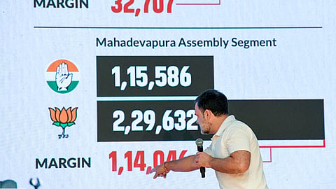 In this photo from Aug. 07, 2025, Lok Sabha LoP and Congress MP Rahul Gandhi addresses a press conference at the party headquarters in New Delhi, alleging large fraud of electoral rolls during the 2024 Lok Sabha elections.