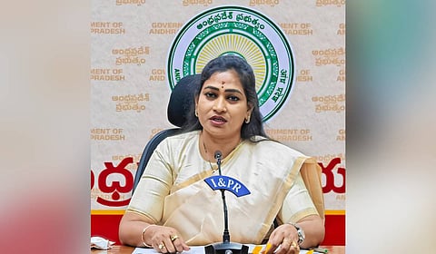  Home minister Vangalapudi Anita addressing the media on Tuesday. 