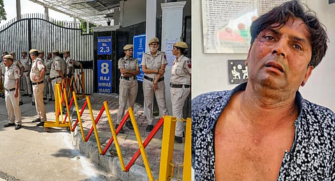 Police personnel outside Delhi CM Rekha Gupta's residence in New Delhi (L). Rajesh Bhai Khimji, accused of attacking Gupta, after detained by Delhi Police (R).