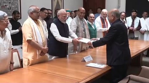 C.P. Radhakrishnan (left) is accompanied by Prime Minister Narendra Modi and other Cabinet Ministers as he files his nomination as NDA’s vice-presidential candidate, on August 20, 2025.