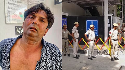 Rajesh Bhai Khimji, accused of attacking Delhi Chief Minister Rekha Gupta (L),  Security outside Delhi CM's residence ( R).