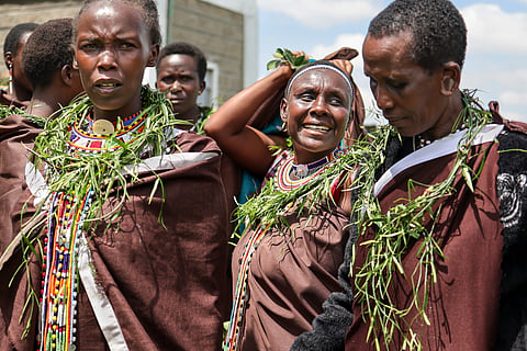 Ogiek women from the Ngareta Women's Group prepare to give a perfomance showcasing traditional dance and props during the 6th Annual Ogiek Cultural festival at Nkareta ward, Narok County, on August 15, 2025. 