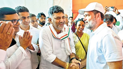 Karnataka Deputy CM D K Shivakumar greets LoP in Lok Sabha Rahul Gandhi  during the ‘Voter Adhikar Yatra’ in Katihar, Bihar, on Saturday 