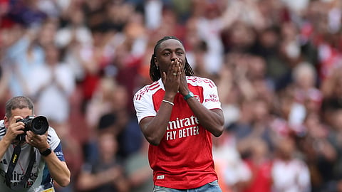Arsenal's new player Eberechi Eze is introduced to the fans before the English Premier League soccer match between Arsenal and Leeds United at Emirates stadium in London, England, Saturday, Aug. 23, 2025. 