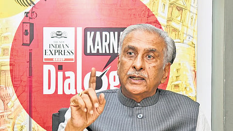 Chairman of the Karnataka Legislative Council Basavaraj Shivalingappa Horatti speaks during Express Dialoues at TNIE Office in Bengaluru.