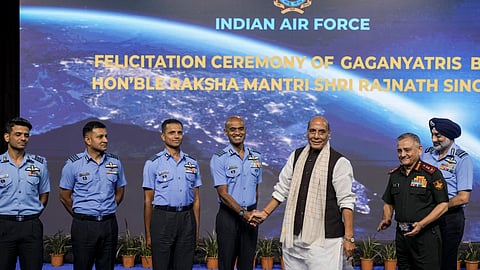 Union Defence Minister Rajnath Singh, Chief of Defence Staff (CDS) General Anil Chauhan and Chief of the Air Staff (CAS) Air Chief Marshal AP Singh with Group Captain Shubhanshu Shukla, Group Captain Prasanth Balakrishnan Nair, Group Captain Ajith Krishnan and Group Captain Angad Pratap during the felicitation ceremony of Gaganyatris, in New Delhi, 