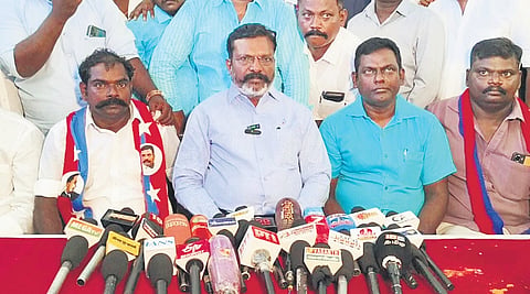 VCK president Thol Thirumavalavan talking to reporters in Thoothukudi 
