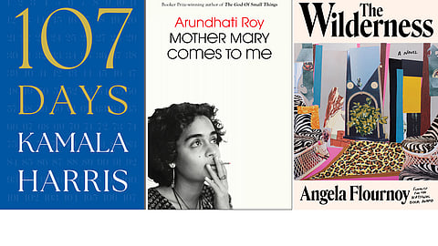 This combination of photos shows cover art for "107 Days" by Kamala Harris, left, "Mother Mary Comes to Me" by Arundhati Roy, center, and "The Wilderness" by Angela Flournoy. 